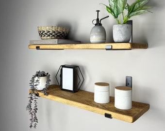 2 x Wooden Floating Shelves | Set of 2 | Rustic Industrial Shelf | Kitchen Shelving | Modern Farmhouse Shelf | J Bracket Shelves