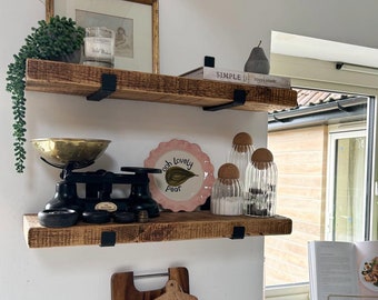 2 x Wooden Floating Shelves | Set of 2 | Rustic Industrial Shelf | Kitchen Shelving | Modern Farmhouse Shelf | J Bracket Shelves