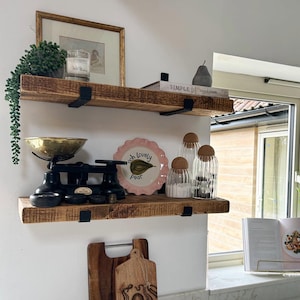 Handmade Solid Wood Rustic Shelf with Black Steel J Brackets (Up Bracket / Inverted Bracket). Kitchen Shelf, Office Shelf, Living Room Shelf