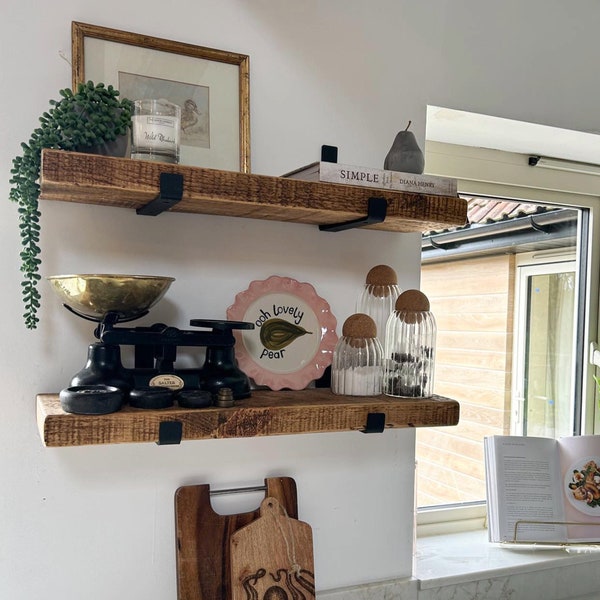 Handmade Solid Wood Rustic Shelf with Black Steel J Brackets (Up Bracket / Inverted Bracket). Kitchen Shelf, Office Shelf, Living Room Shelf
