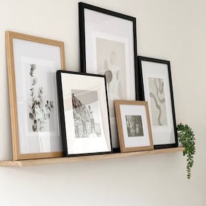 May include: A wooden shelf with five framed pictures, including black and white photos and abstract art. The shelf is mounted on a white wall with a small green plant hanging on the right side.
