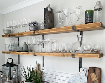 Rustic Handmade Shelf with Heavy Duty Black Down Brackets & Fixings. (Kitchen Shelf / Office Shelf / Drinks Shelf)