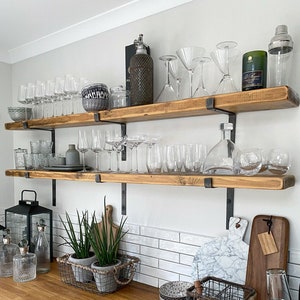 Rustic Handmade Shelf with Heavy Duty Black Down Brackets & Fixings. (Kitchen Shelf / Office Shelf / Drinks Shelf)