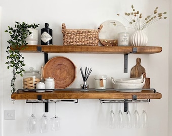 2x Shelves with Two Wine Glass Hangers & Steel Bar: Complete with Black Brackets and Fixings. Kitchen Shelves / Drinks Shelves / Bar Shelves