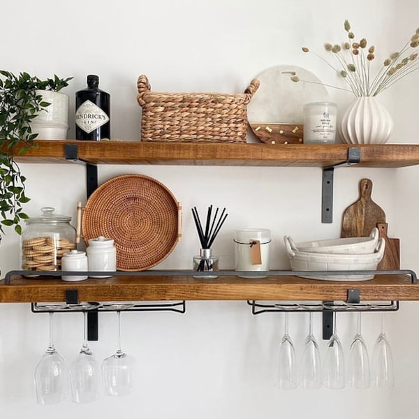 2x Shelves with Two Wine Glass Hangers & Steel Bar: Complete with Black Brackets and Fixings. Kitchen Shelves / Drinks Shelves / Bar Shelves