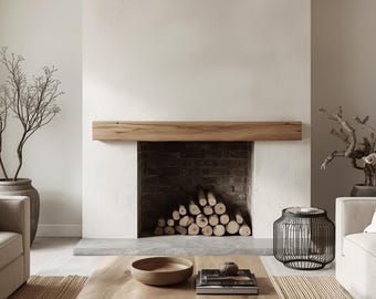 May include: A neutral-toned living room with a fireplace, sofa, and decorative elements. The fireplace features a wooden mantel and a stack of logs. A large vase with branches and a decorative metal cage add to the room's aesthetic.