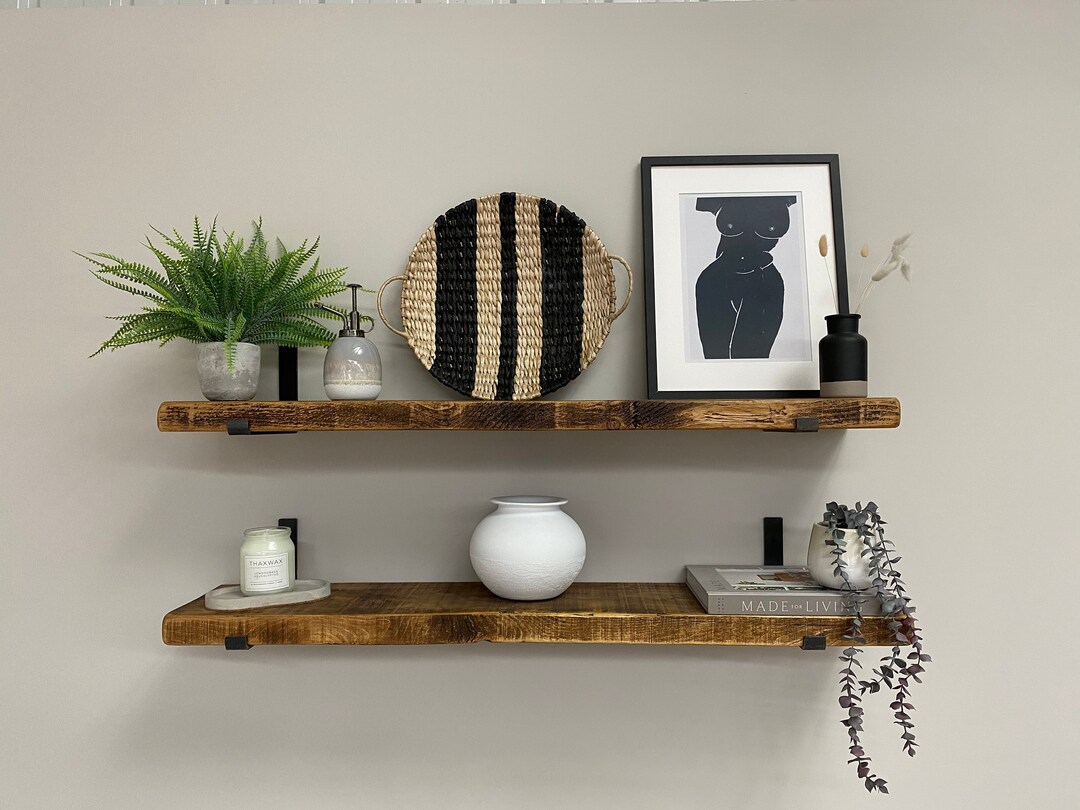 Handmade Solid Wood Rustic Shelf With Black Steel J Brackets Etsy