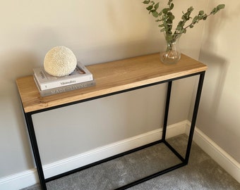 Solid Oak Foundry Narrow Console Table with Black Steel Frame (Hallway Table / Radiator Table / Handmade)