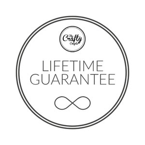 May include: A black and white circle with the text "The Crafty Couple" and "LIFETIME GUARANTEE" inside. An infinity symbol is below the text.