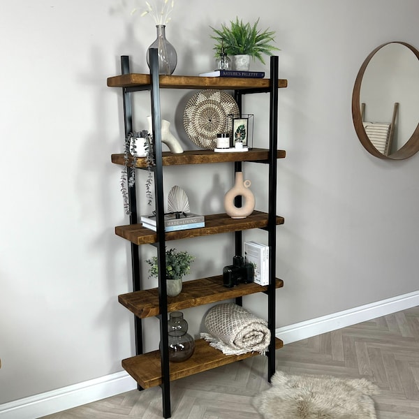 Fortis, Rustic, Handmade Shelving Unit (Industrial Ladder Shelving / Wooden Bookcase / Solid Wood / Tier Shelving / Tier Bookcase)