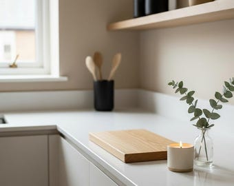 May include: A light-filled kitchen scene featuring a wooden cutting board, a lit candle, and a small glass vase with greenery. Wooden spoons are in a black container. A mug and more spoons are on a shelf. The countertop and cabinets are light gray.