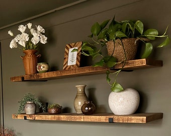 Extra Deep Handmade Rustic Shelf with J / Up Brackets (31cm depth). Kitchen Shelf / Pantry Shelf / Office Shelf