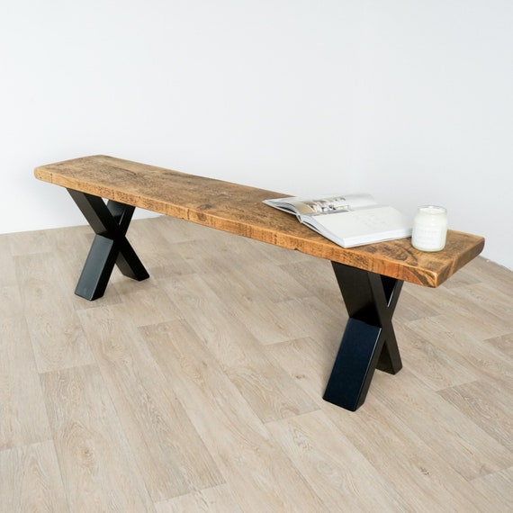 Rustic Solid Wood Handmade Prism Bench. Dining Bench Bench Seat Black Industrial X Legs