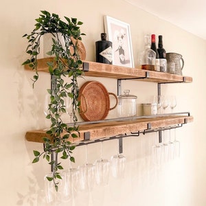 2x Shelves with Two Wine Glass Hangers & Steel Bar: Complete with Black Brackets and Fixings. Kitchen Shelves / Drinks Shelves / Bar Shelves