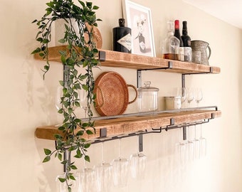 2x Shelves with Two Wine Glass Hangers & Steel Bar: Complete with Black Brackets and Fixings. Kitchen Shelves / Drinks Shelves / Bar Shelves