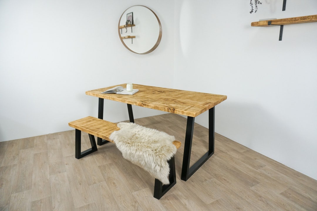 Handmade Rustic Solid Wood Dining Table With Black Trapezium Legs ...