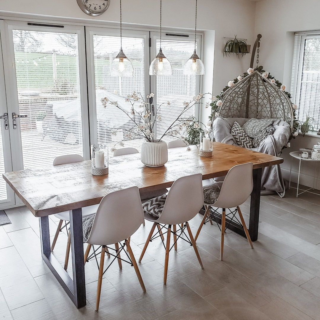 Handmade Rustic Solid Wood Dining Table With Black Square Legs