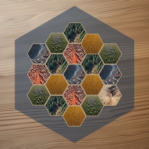 May include: A hexagonal pattern of aerial photographs showing different landscapes, including a city, forest, field, and river.