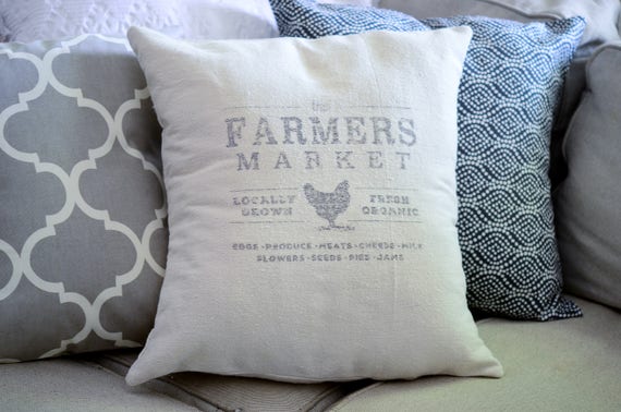 grain sack pillows that say farmers market