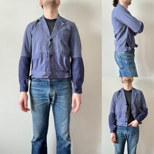 vintage cyclist style 40s 50s rebuilt repair blue workwear 2 tone color faded cotton buckle short French jacket fits like S lot