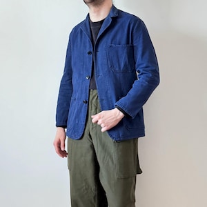 50s 60s vintage Franse werkkleding super vervaagd blauw gedragen katoen sanfor bleu de travail werk utility blazer karwei jas maat S, veel