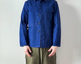 Chaqueta de trabajo vintage alemana HBT de sarga de algodón con diseño de espiga desgastada en azul descolorido, estilo francés, Sanfor Bleu de Travail, talla 48 S-M, lote