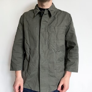 olive work jacket, vintage French workwear, Sanfor Swiss olive faded utility chore coat, size 54, L