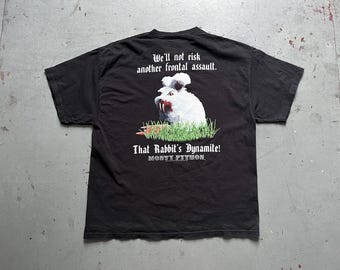 Koszulka vintage Monty Python, 2001 Święty Graal, Króliki Dynamite, czarna, komediowa koszulka graficzna, rozmiar XL