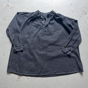 faded fisherman shirt, vintage French workwear, worn distressed black collarless grandfather half button work shirt, fits XS or youth