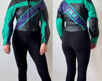 Vintage IXS Multicolor Echtleder schwarz lila grün Leder Racing Motorrad Biker kurze Damenjacke Größe 44 EU XS,S ,lot