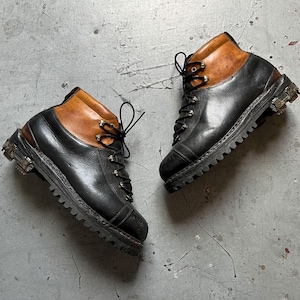Schweizer Bergstiefel, Vintage 60er Jahre zweifarbige Leder Nietenabsatz Wander-Trekking-Schuhe,Vibram Brevettata Sohle, Gr. EU 42-43, M US 9,5
