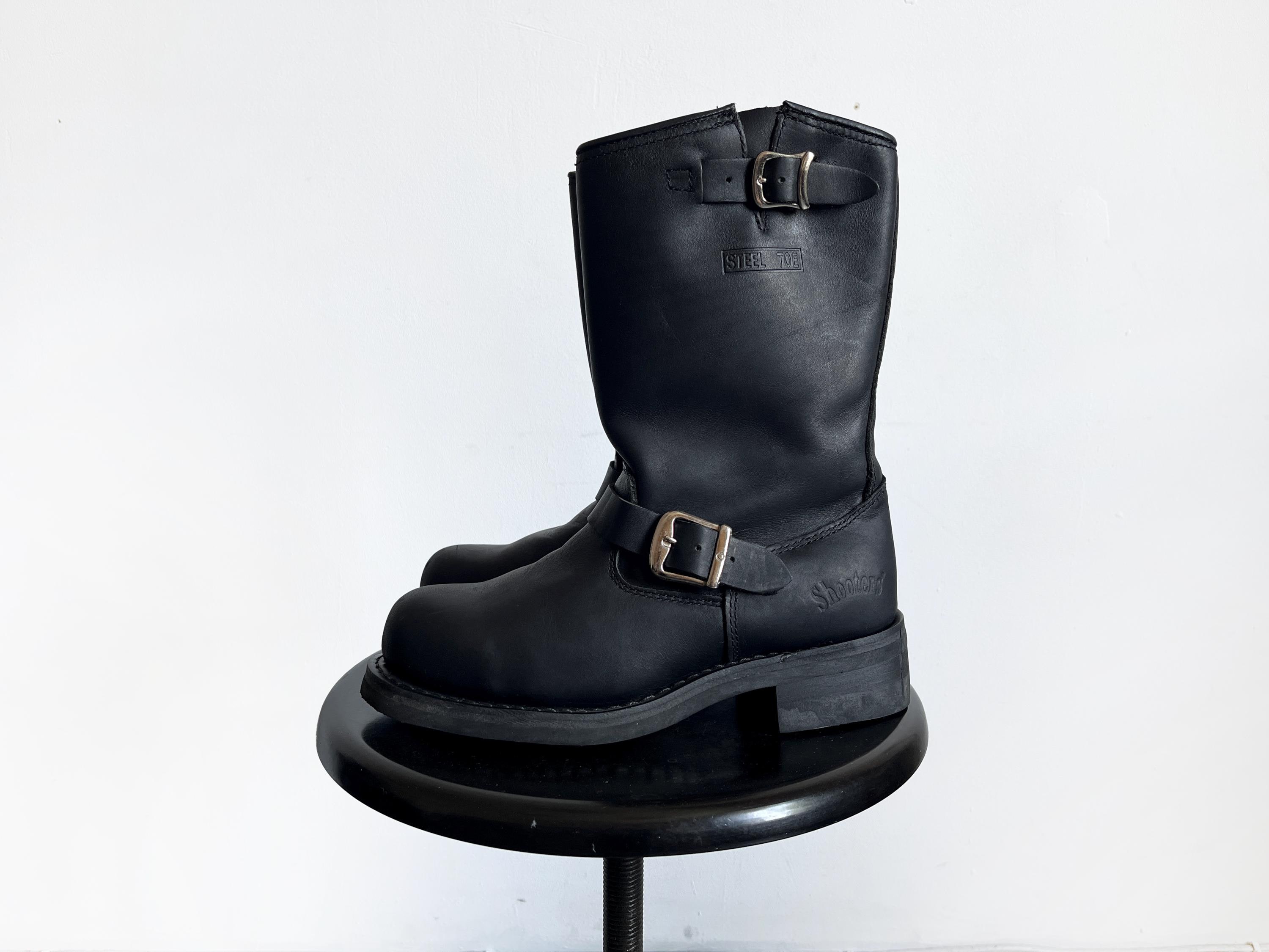 靴 Y2K black engineer boots Shooters Engineer Boots, 90s Y2K Vintage Black Leather Round Steel