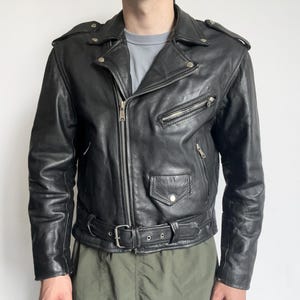 leather motorcycle jacket, vintage 90s heavy black real leather biker racing punk rock jacket, size L