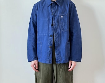Chaqueta de trabajo vintage alemana HBT de sarga de algodón con diseño de espiga azul superdescolorido, estilo francés, Sanfor Bleu de Travail, talla 52 L, lote