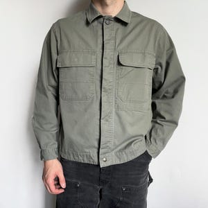 olive short work jacket, 80s vintage French workwear, German Sanfor green faded utility chore coat, size L - XL