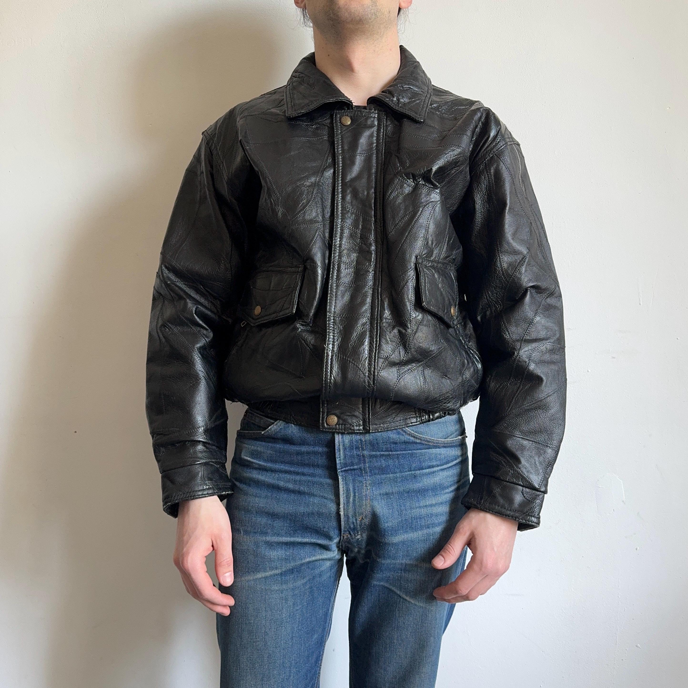 ジャケット・アウター 1990s OLD A-2 BlackLeather Flight Jacket 90s Vintage A-2 Style ,bomber Patchwork Black Genuine Leather