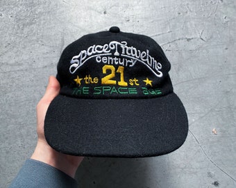 90s Vintage 21 Century Space Traveling Age Embroidery Fun Quote Black Wool Snapback Dad Cap Hat