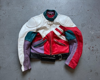 multicolor racing jacket, vintage 80s Hein Gericke, genuine white red purple leather padded biker motorcycle jacket, size 42, S - M