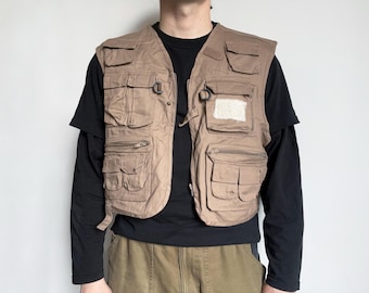 vintage fishing vest, 90s hunting beige sand multipocket jacket, tech gorpcore vest, size XL