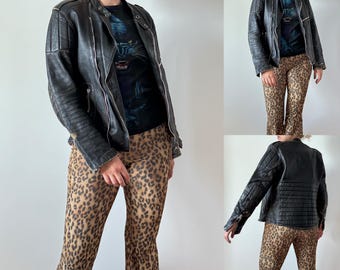 60s 70s vintage soft black leather distressed faded motorcycle biker punk grunge rocker jacket made France lot
