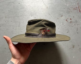 Waxed Fedora Hat, Vintage British Olive Green Waxed Canvas