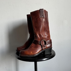 lot circa 90s vintage Frye rust brown genuine leather harness square motorcycle biker boots made in USA size 6 B