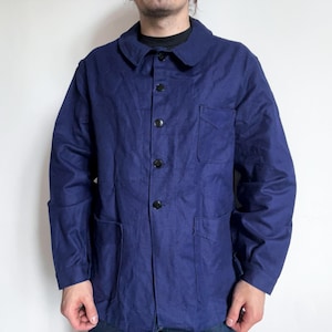 40s french work jacket, vintage French workwear, round collar v pocket indigo blue chore coat, Bleu de Travail, size L
