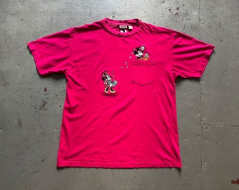 Mickey Mouse t-shirt, vintage 90s Walt Disney embroidery pink pocket tee, size L, XL