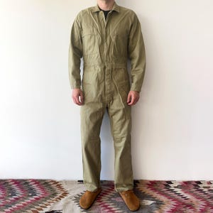 sanforized mechanic coveralls, vintage 40s 50s King Gee Bradmill Cloth beige utility jumpsuit, made in Australia, men&#39;s size 6, L, XL