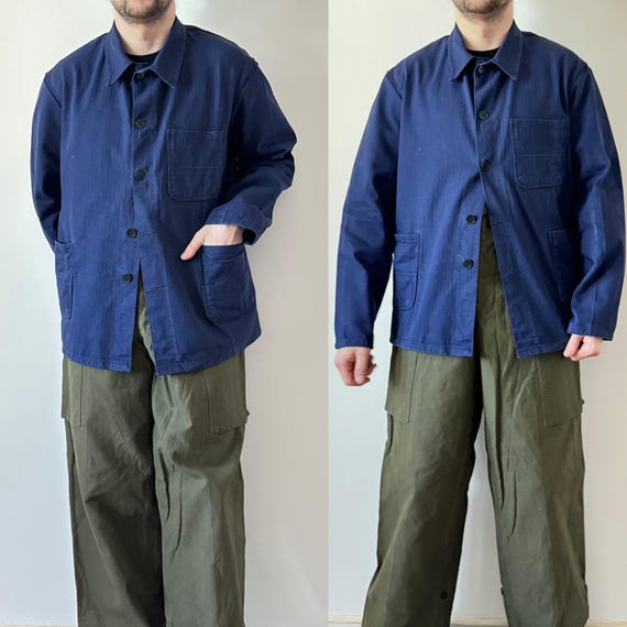 60s 70s Vintage German HBT Faded Blue Herringbone Twill Cotton