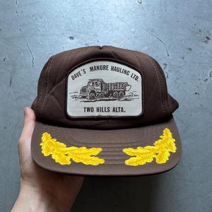 80s foam trucker hat, vintage Dave&#39;s Manure Hauling patch, construction carriage oak leaves brown nylon rope snapback cap, made in Korea