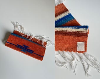vintage Mexican geometric southwestern hand woven blanket orange rug lot