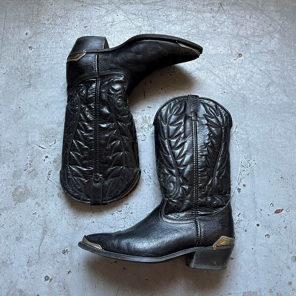 90s Vintage Dingo J Snip Metal Tip Toe Men's Western Cowboy Black Leather Boots Size US 10 D