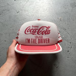 Coca Cola 3 Stripe trucker hat, vintage 80s enjoy coke i&#39;m the driver mesh 3 striped faded snapback cap